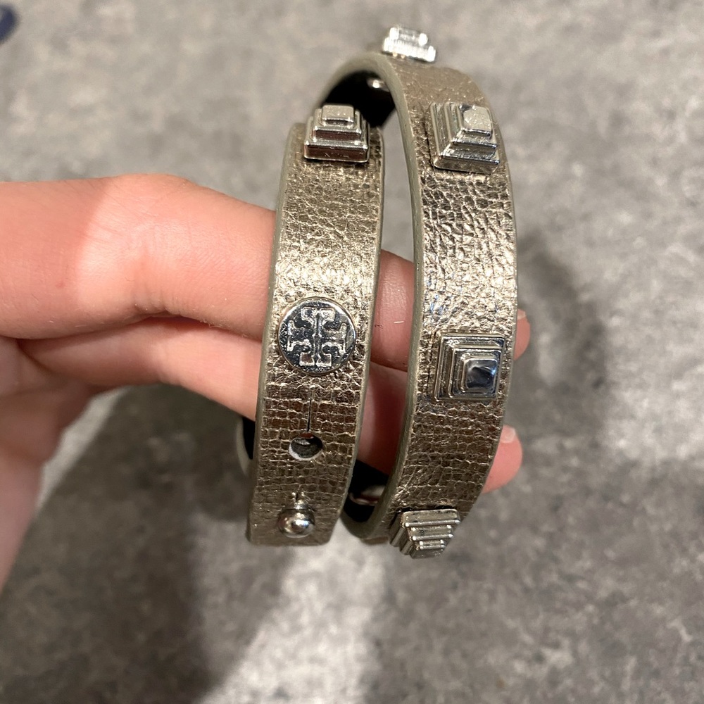 Tory Burch Silver Studded Logo Wrap Bracelet
